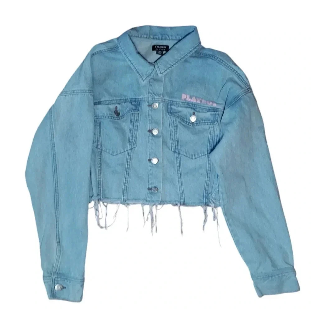 Playboy Distressed Cropped Denim Jacket - Picture 2 of 5
